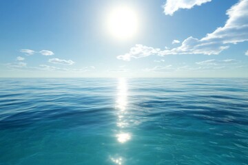 Obraz premium Serene Ocean with Clear Blue Waters and Bright Sunlight, Reflecting Light on the Horizon with Scattered White Clouds