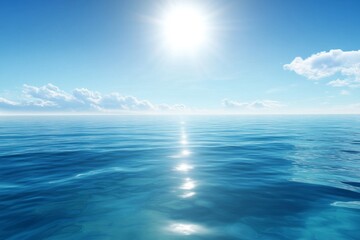 Obraz premium Serene Ocean with Clear Blue Waters and Bright Sunlight, Reflecting Light on the Horizon with Scattered White Clouds