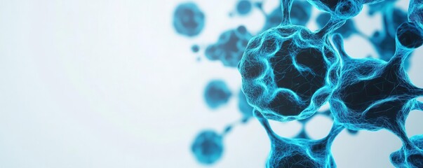 Obraz premium Abstract blue cell structure floating in white space, biotechnology and research