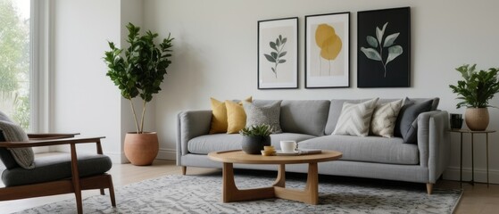 Stylish living room featuring a grey sofa, yellow armchair, and vibrant indoor plants. Contemporary decor with elegant lighting and a cozy atmosphere perfect for relaxation.