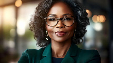 Confident woman with glasses and curly hair in a professional setting.