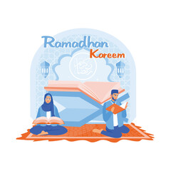 Muslim couple sitting on a rug. Read and study the Quran together. Ramadan Kareem concept. Flat vector illustration.