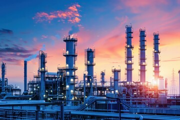 Fototapeta premium Industrial sunset oil refinery silhouette against dramatic sky with clouds, business and travel concept
