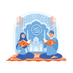 Muslim couple reading and studying the Quran. Mosque and hanging lanterns as decoration. Ramadan Kareem concept. Flat vector illustration.