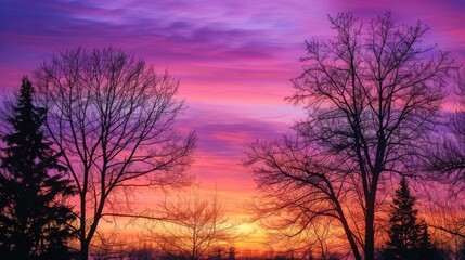 Fototapeta premium A vibrant sunset sky with swirling shades of purple, pink, and orange, creating a dramatic and colorful backdrop against silhouetted trees.