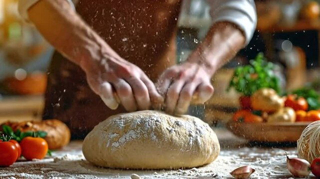 Indian man in the middle wearing an apron making bread dough in his sunny home kitchen