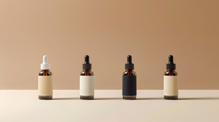 Skincare packaging concept. Dropper bottles mockup on beige background. 