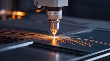 Close-up of a laser cutting metal, showcasing sparks and precision in manufacturing process, highlighting modern technology.