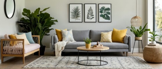 Stylish living room featuring a grey sofa, yellow armchair, and vibrant indoor plants. Contemporary decor with elegant lighting and a cozy atmosphere perfect for relaxation.