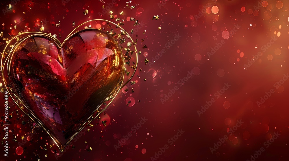 Poster Abstract heart design with sparkling golden accents on a deep red background, adding a touch of glamour.