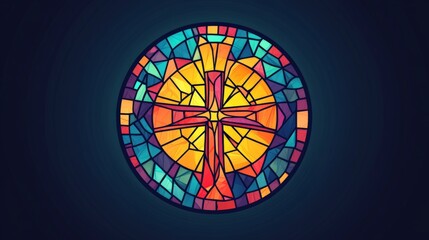 Vector logo of a circle, stained glass with a cross in the center, bright colors, modern, simple.