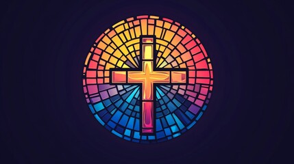 Vector logo of a circle, stained glass with a cross in the center, bright colors, modern, simple.