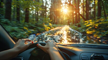 Naklejka premium woman hand throwing away plastic bottle from car window,the road in green nature environmental protection global warming concept
