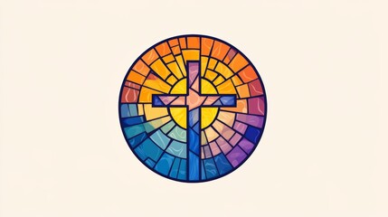 Vector logo of a circle, stained glass with a cross in the center, bright colors, modern, simple.