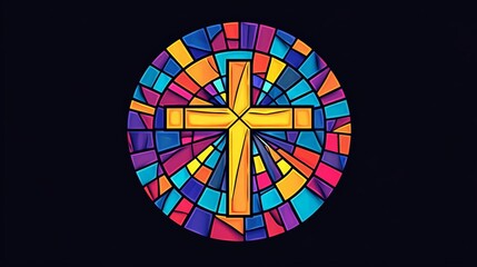 Obraz premium Vector logo of a circle, stained glass with a cross in the center, bright colors, modern, simple.