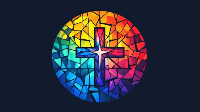 Vector logo of a circle, stained glass with a cross in the center, bright colors, modern, simple.