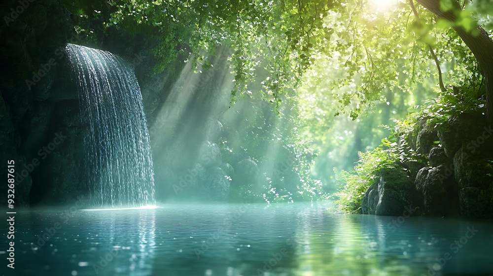 Poster tranquil waterfall cascading into a serene pool surrounded by lush greenery with sun rays filtering 