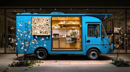 A vibrant blue food truck with an inviting open kitchen, perfect for street food lovers and culinary adventures.