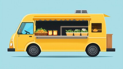 A vibrant yellow food truck showcasing fresh ingredients and tasty dishes, perfect for street food lovers and culinary adventures.