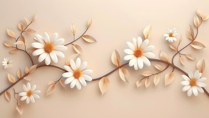 Obraz premium 3d cartoon colorful daisy flower branch with leaves on beige background vector illustration , high resolution, professional photograph, The ultrahighresolution 
