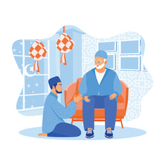 Family tradition of visiting each other on Eid al-Fitr. The boy apologizes to his father. Happy Eid Mubarak concept. Flat vector illustration.
