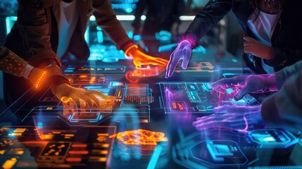 Multiple hands, glowing with an orange and purple hue, interact with a futuristic digital interface.