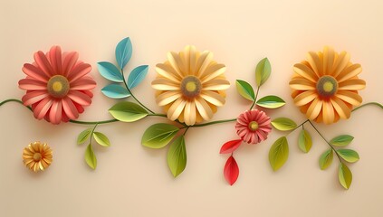 3d cartoon colorful daisy flower branch with leaves on beige background vector illustration , high resolution, professional photograph, The ultrahighresolution 
