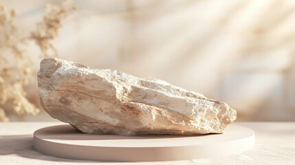 Obraz premium Solitary Large Rock on Smooth Surface with Rocky Background Illuminated by Sunlight for product placement or mockup.