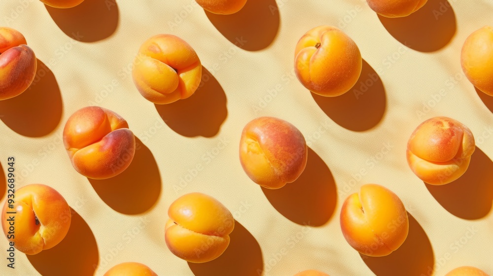Poster An array of ripe apricots arranged in a visually pleasing pattern, highlighting their glossy skin and subtle hues of yellow and orange against a neutral backdrop