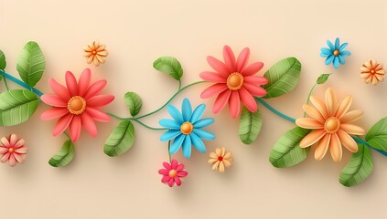 Obraz premium 3d cartoon colorful daisy flower branch with leaves on beige background vector illustration , high resolution, professional photograph, The ultrahighresolution 