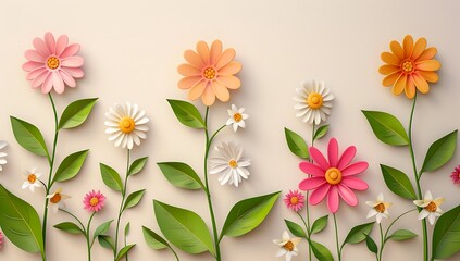 Obraz premium 3d cartoon colorful daisy flower branch with leaves on beige background vector illustration , high resolution, professional photograph, The ultrahighresolution 