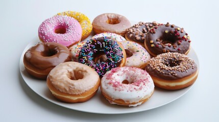 An assortment of doughnuts with different textures and vibrant colors, displayed on a clean white plate, creating a visually appealing and cheerful background.