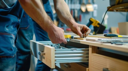 Carpenter working on a wooden drawer.