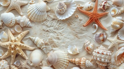 An assortment of seashells, including conchs, scallops, and starfish, arranged artfully on a smooth, sandy surface, evoking a coastal vibe