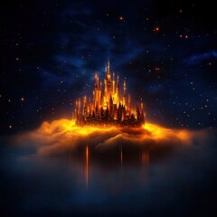 Fototapeta premium A magical castle rises above the clouds, glowing with warm hues against a starry night sky, evoking wonder and fantasy.