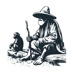 The farmer and a monkey. Black white vector illustration.