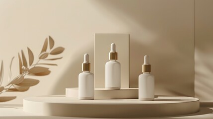 Skincare packaging concept. Dropper bottles mockup on beige background. 