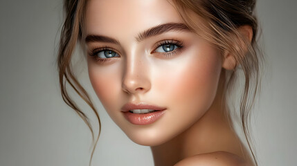 Naklejka premium Portrait of a young woman with natural makeup and soft lighting.