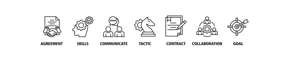 Negotiation banner web icon set vector illustration concept for business deal agreement and collaboration with icon of skills, communicate, tactic, contract, and goal icons symbol live stroke editable