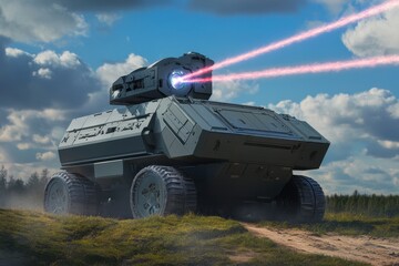 Futuristic tank equipped with laser technology, showcasing advanced military capabilities in a dynamic landscape.
