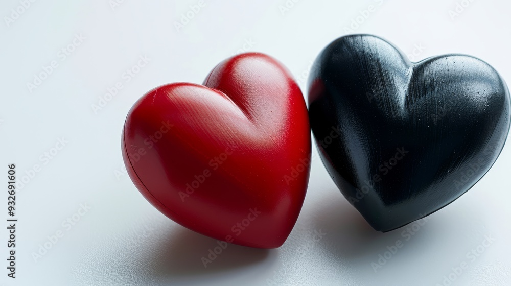 Poster bold heart shapes in contrasting black and red on a stark white background, offering a modern and st