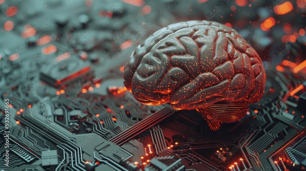 Aufkleber Brain and circuit board fusion in futuristic style