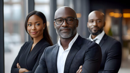 Professional group portrait of three business individuals.