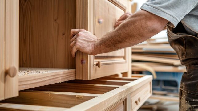 Carpenter working on a wooden cabinet.