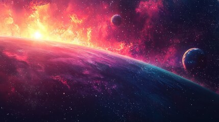 Obraz premium Cosmic Landscape with Planets Nebula and Stars