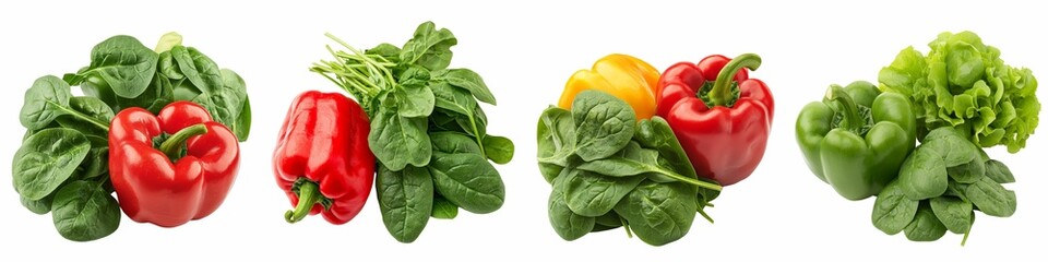 Fototapeta premium A vibrant assortment of fresh vegetables featuring red, yellow, and green bell peppers, paired with leafy spinach and lettuce, isolated on a white background.