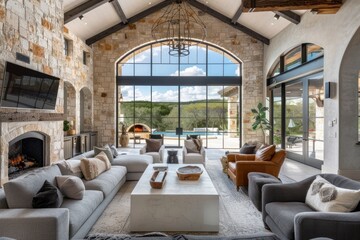 Fototapeta premium Modern Farmhouse Living Room with Stunning Views