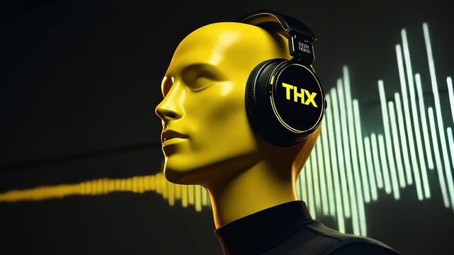 Yellow mannequin head with headphones rotates slowly. Pulsating audio waveform in background creates dynamic visual. Sleek design merges technology and art in futuristic display.