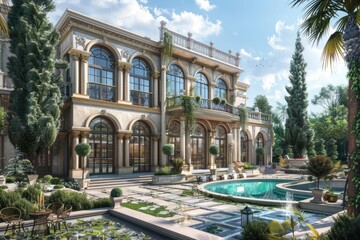 Naklejka premium Luxury Mansion with Pool and Garden