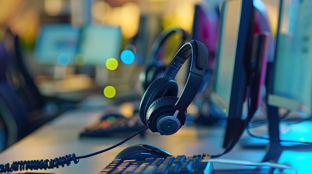 Communication support, call center and customer service help desk. VOIP headset for customer service support (call center) concep. 